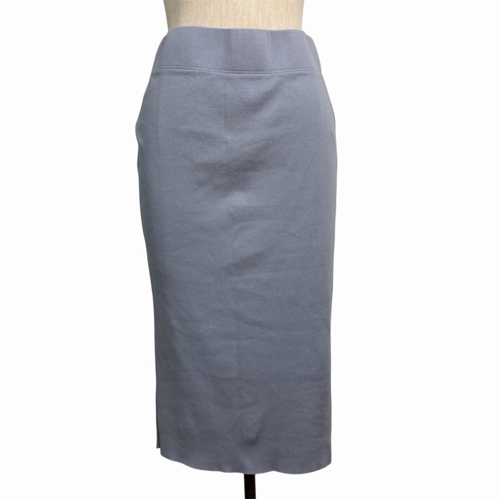 James Perse Ribbed Knit Midi Pencil Skirt Blue  Gray Minimalist Capsule Modern 4